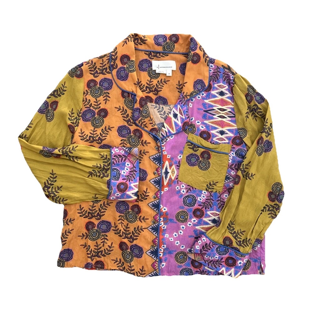 By Anthropologie Long Sleeve Patchwork Floral Button Shirt Multicolor Top Size S - Picture 4 of 9